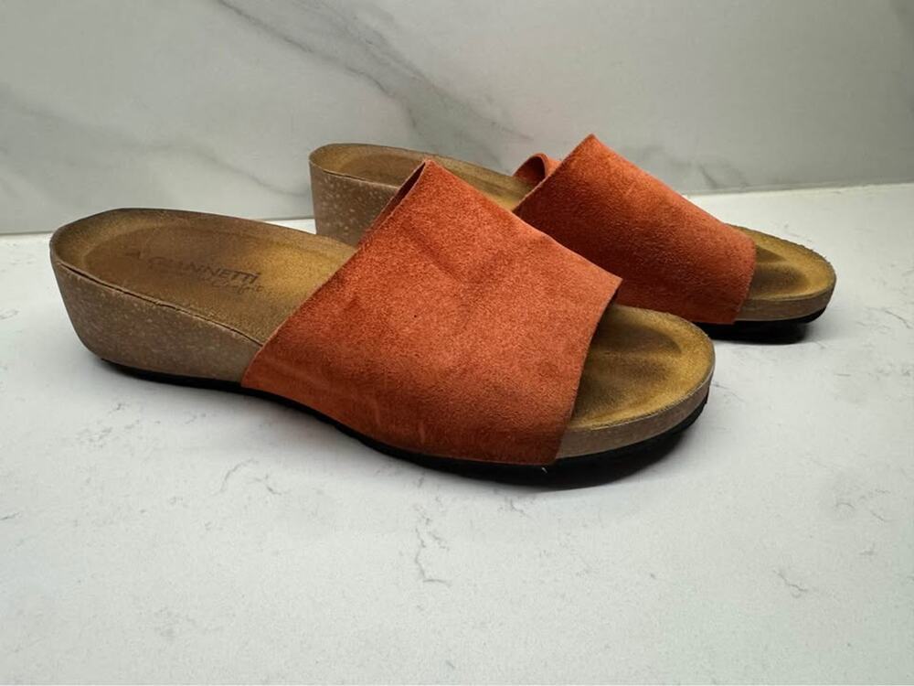 A. Giannetti Size 8.5 Orange Suede Leather Cork Wedge Heel Slides Made in Italy